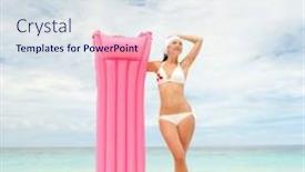  Presentation with mattress - Audience pleasing presentation consisting of happy woman with inflatable mattress on the beach backdrop and a sky blue colored foreground