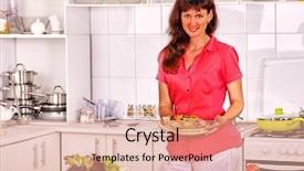  Presentation with fast food - Presentation theme having happy woman with long dark hair cooking pizza at home kitchen preparing fast food on home kitchen background and a coral colored foreground