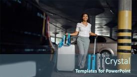  Presentation with car parking - Slide deck with happy-woman-with-many-suitcases background and a ocean colored foreground