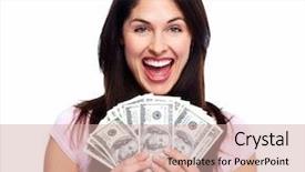  Presentation with white and black woman climbing ladders - Cool new theme with happy woman with money isolated backdrop and a coral colored foreground