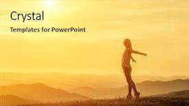  Presentation with bright future - PPT theme with happy woman with open arms background and a white colored foreground