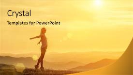  Presentation with bright future - Cool new PPT theme with happy woman with open arms backdrop and a  colored foreground