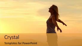  Presentation with bright future - Beautiful PPT layouts featuring happy woman with open arms backdrop and a gold colored foreground