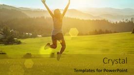  Presentation with bright future - PPT layouts having happy-woman-with-open-arms background and a gold colored foreground