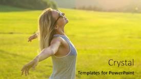  Presentation with bright future - PPT theme consisting of happy-woman-with-open-arms background and a gold colored foreground