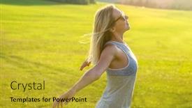  Presentation with bright future - Beautiful presentation theme featuring happy-woman-with-open-arms backdrop and a gold colored foreground