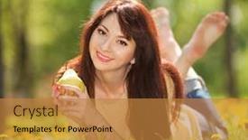  Presentation with happy smiling woman dental health - Slide set consisting of happy-woman-with-pear background and a gold colored foreground