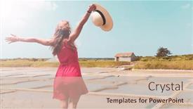  Presentation with marsh - PPT theme featuring happy-woman-with-red-dress background and a soft green colored foreground