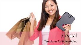  Presentation with woman pushing shopping trolley - Presentation featuring happy woman with shopping bag background and a coral colored foreground