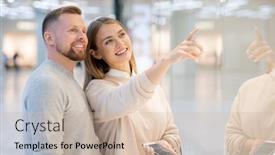  Presentation with smartphone - Cool new slides with happy woman with smartphone and paperbags showing her husband trendy casualwear while pointing at shop window backdrop and a soft green colored foreground