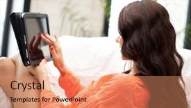  Presentation with dark tealout picture - Audience pleasing presentation theme consisting of woman with tablet pc computer backdrop and a coral colored foreground