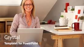  Presentation with home - PPT layouts enhanced with happy-woman-working-from-home background and a coral colored foreground