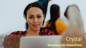  Presentation with modern - PPT theme having happy-woman-working-on-laptop background and a tawny brown colored foreground