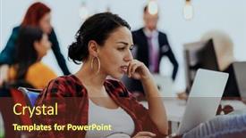  Presentation with modern - Presentation theme consisting of happy-woman-working-on-laptop background and a tawny brown colored foreground