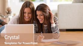  Presentation with women - Audience pleasing PPT theme consisting of happy women looking at laptop backdrop and a coral colored foreground