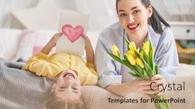  Presentation with mom daughter - Cool new PPT theme with happy women's day child daughter is congratulating mom and giving her flowers tulips mum and girl smiling and hugging family holiday and togetherness backdrop and a coral colored foreground
