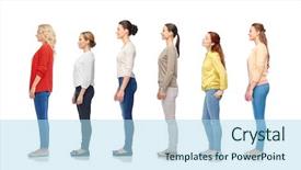  Presentation with diversity women - Slides having happy women standing in queue background and a light blue colored foreground