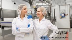  Presentation with manufacture - Theme featuring happy women technologists at ice background and a  colored foreground
