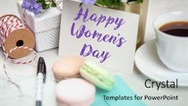  Presentation with postcard - Presentation theme featuring happy women's day postcard background and a light blue colored foreground