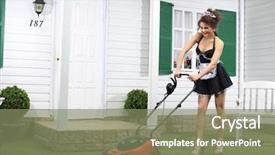  Presentation with country - PPT layouts having happy work force - beautiful smiling housemaid mows lawn background and a violet colored foreground