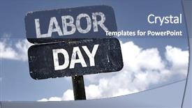  Presentation with labor - Colorful PPT layouts enhanced with happy work force - labor day sign with clouds backdrop and a ocean colored foreground