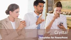  Presentation with cafeteria - Cool new PPT theme with happy work team during break time in office cafeteria backdrop and a coral colored foreground