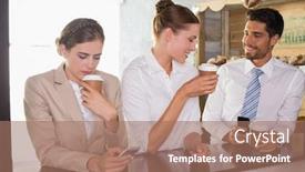  Presentation with cafeteria - Presentation theme consisting of happy work team during break time in office cafeteria background and a coral colored foreground