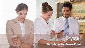 Presentation with cafeteria - Slide set with happy work team during break time in office cafeteria background and a coral colored foreground