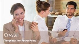  Presentation with cafeteria - Presentation theme consisting of happy work team during break time in office cafeteria background and a coral colored foreground