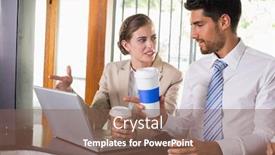  Presentation with cafeteria - Amazing presentation theme having happy work team during break time in office cafeteria backdrop and a violet colored foreground