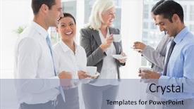  Presentation with team work - PPT layouts with happy work team during break background and a light blue colored foreground