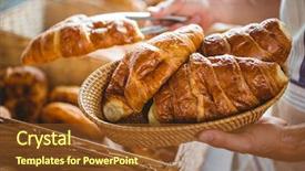  Presentation with croissant - Presentation theme consisting of happy worker holding a basket of croissant at the bakerie background and a tawny brown colored foreground