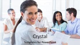  Presentation with camera - Cool new PPT layouts with happy workplace - attractive businesswoman smiling backdrop and a light blue colored foreground