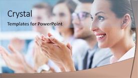  Presentation with team - PPT theme consisting of happy workplace - business team clapping in applause background and a light blue colored foreground