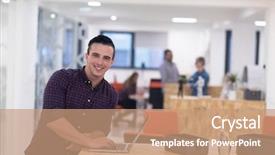  Presentation with space and stars - Beautiful theme featuring happy workplace - portrait of young businessman backdrop and a coral colored foreground