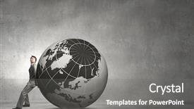  Presentation with earth - Amazing PPT layouts having happy world - young businessman pushing huge digital backdrop and a gray colored foreground