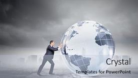  Presentation with earth - PPT layouts featuring happy world - young successful businessman pushing earth background and a light blue colored foreground