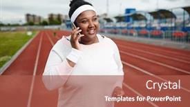  Presentation with sportswear - Audience pleasing PPT theme consisting of happy-young-active-woman backdrop and a red colored foreground