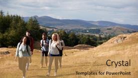  Presentation with multi ethnic group - Beautiful theme featuring happy young adult friends walking backdrop and a yellow colored foreground