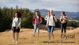  Presentation with multi ethnic group - PPT layouts with happy young adult friends walking background and a coral colored foreground
