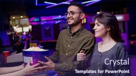  Presentation with young happy couple - Audience pleasing slides consisting of happy-young-affectionate-couple-buying backdrop and a navy blue colored foreground