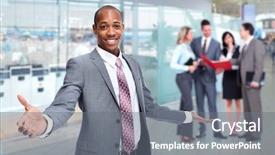  Presentation with african american - Colorful slide set enhanced with happy young african-american man backdrop and a gray colored foreground