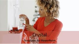  Presentation with festive season - Slide deck with happy young african american woman hanging colorful red christmas stockings on the mantelpiece of her fireplace to celebrate the festive season background and a red colored foreground