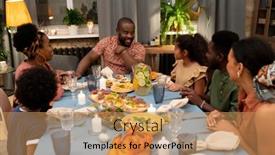  Presentation with thanksgiving dinner - Slide set consisting of happy-young-african-man-looking background and a coral colored foreground