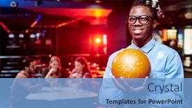  Presentation with bowling - Beautiful slide deck featuring happy-young-african-man backdrop and a light blue colored foreground
