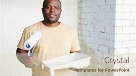  Presentation with plastic container - Presentation design featuring happy-young-african-man background and a soft green colored foreground