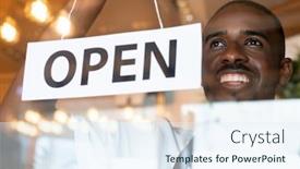  Presentation with restaurant waiter - Audience pleasing PPT layouts consisting of happy-young-african-waiter backdrop and a sky blue colored foreground