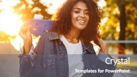  Presentation with happy image - Cool new theme with happy young african woman walk backdrop and a gray colored foreground