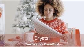  Presentation with christmas presents - Theme featuring happy-young-african-woman-wrapping background and a coral colored foreground
