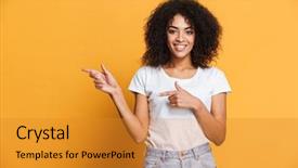  Presentation with fingers - Colorful presentation design enhanced with happy young african woman backdrop and a gold colored foreground